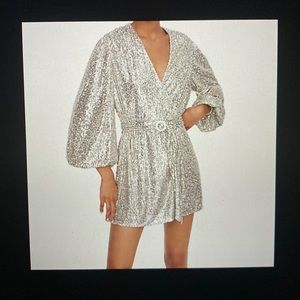 Zara Mini Sequin Dress Blazer Puff Sleeves V-Neck